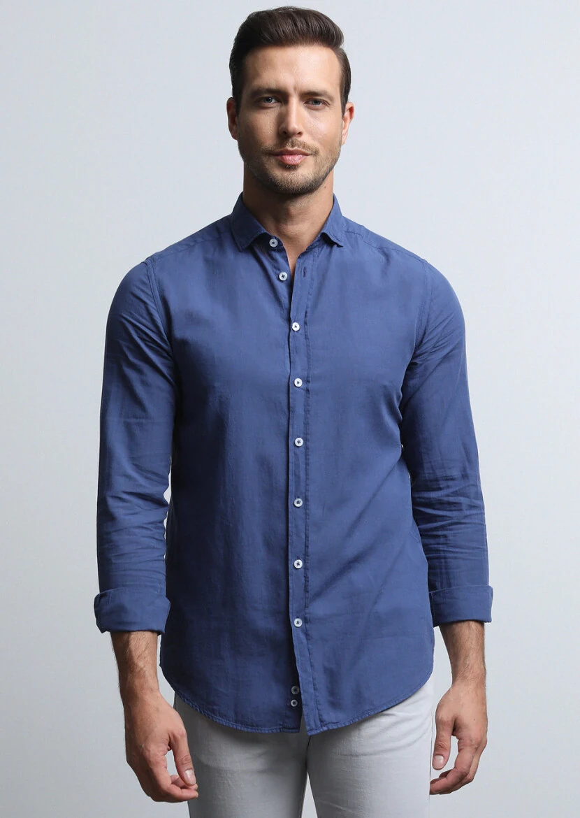 Indigo Regular Fit Weaving Denim 100% Cotton Shirt - 4