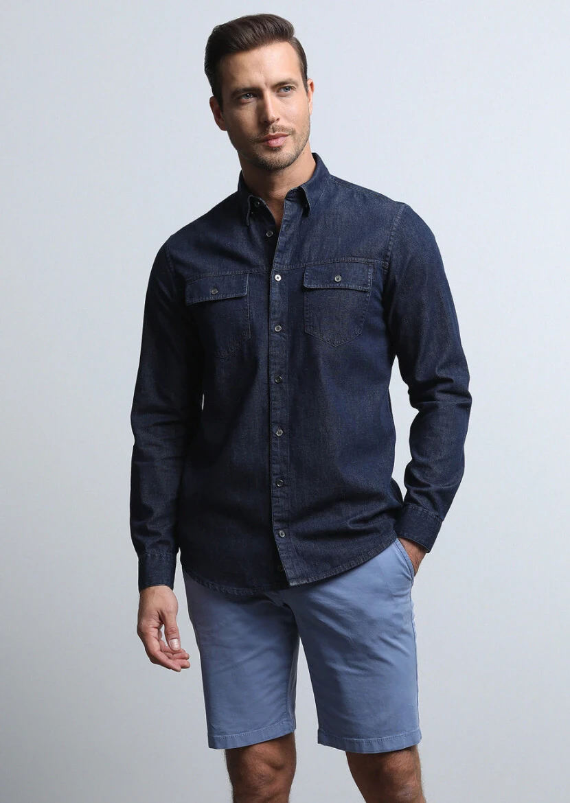 Indigo Regular Fit Weaving Denim 100% Cotton Shirt - 1