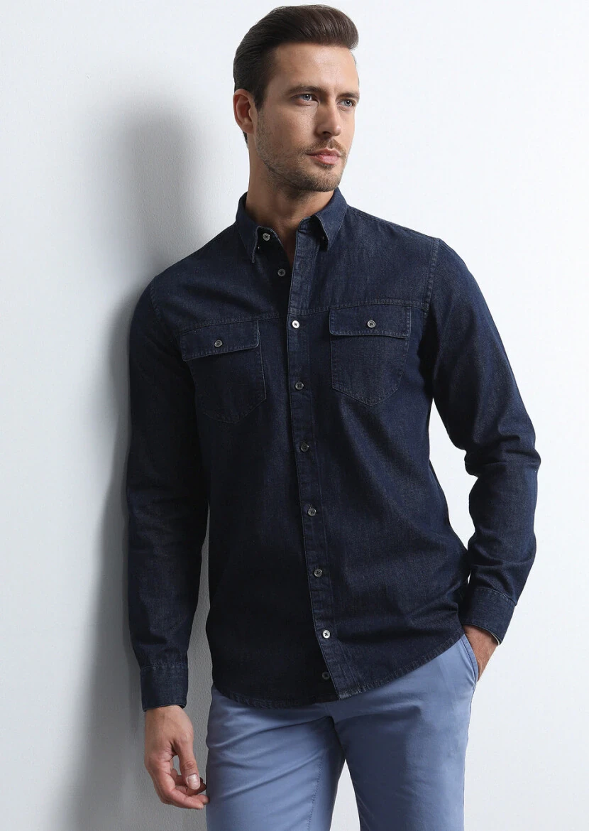 Indigo Regular Fit Weaving Denim 100% Cotton Shirt - 2