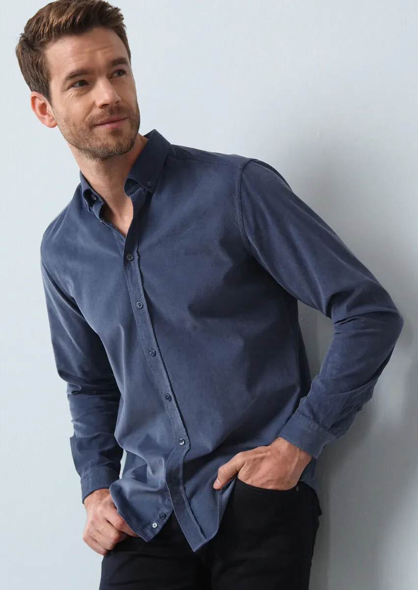 Indigo Ribbed Regular Fit Weaving Casual 100% Cotton Shirt - 1