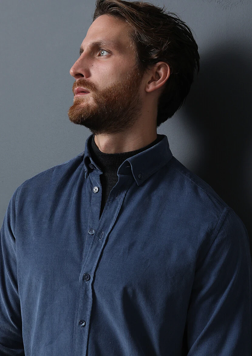 Indigo Ribbed Regular Fit Weaving Casual 100% Cotton Shirt 