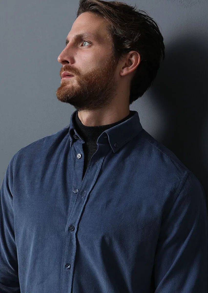 Indigo Ribbed Regular Fit Weaving Casual 100% Cotton Shirt - 2