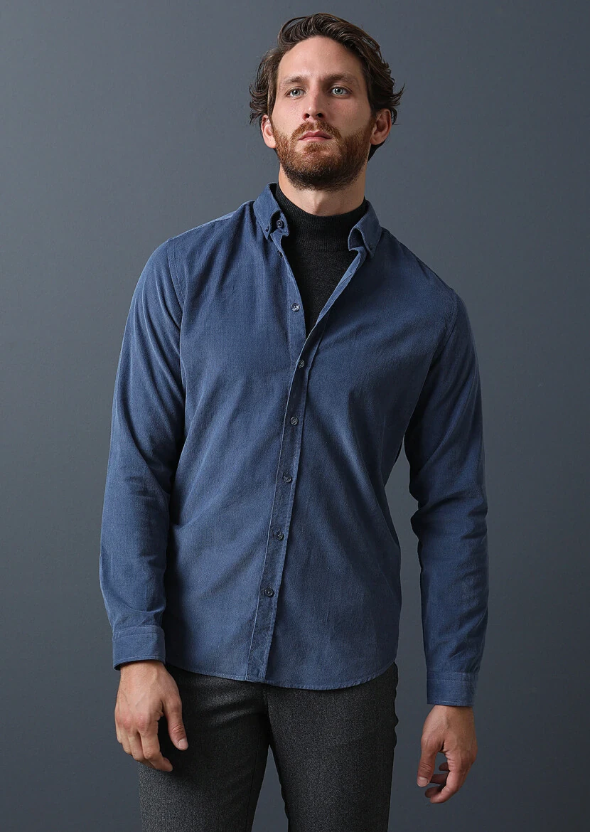 Indigo Ribbed Regular Fit Weaving Casual 100% Cotton Shirt - 4