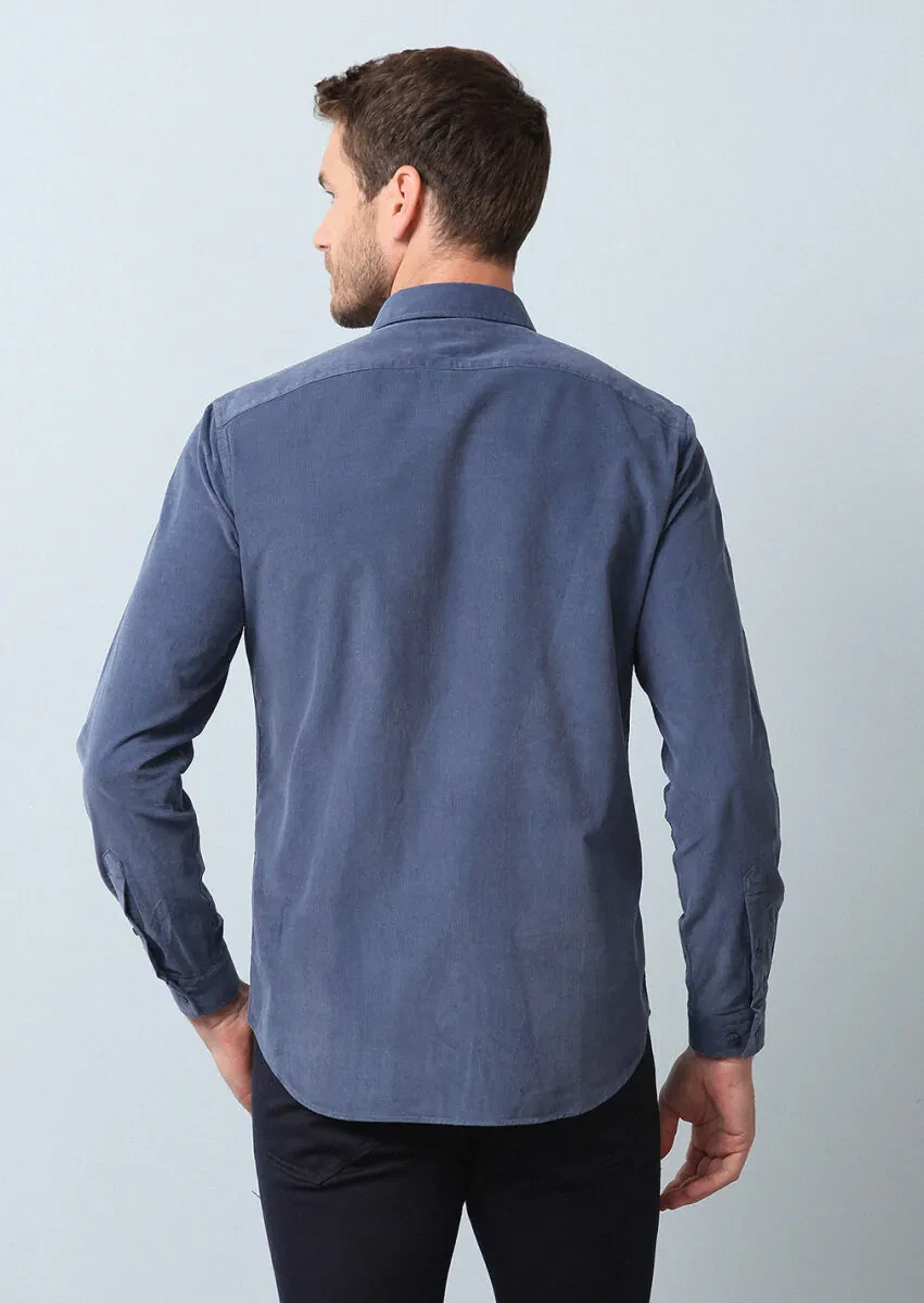 Indigo Ribbed Regular Fit Weaving Casual 100% Cotton Shirt - 5