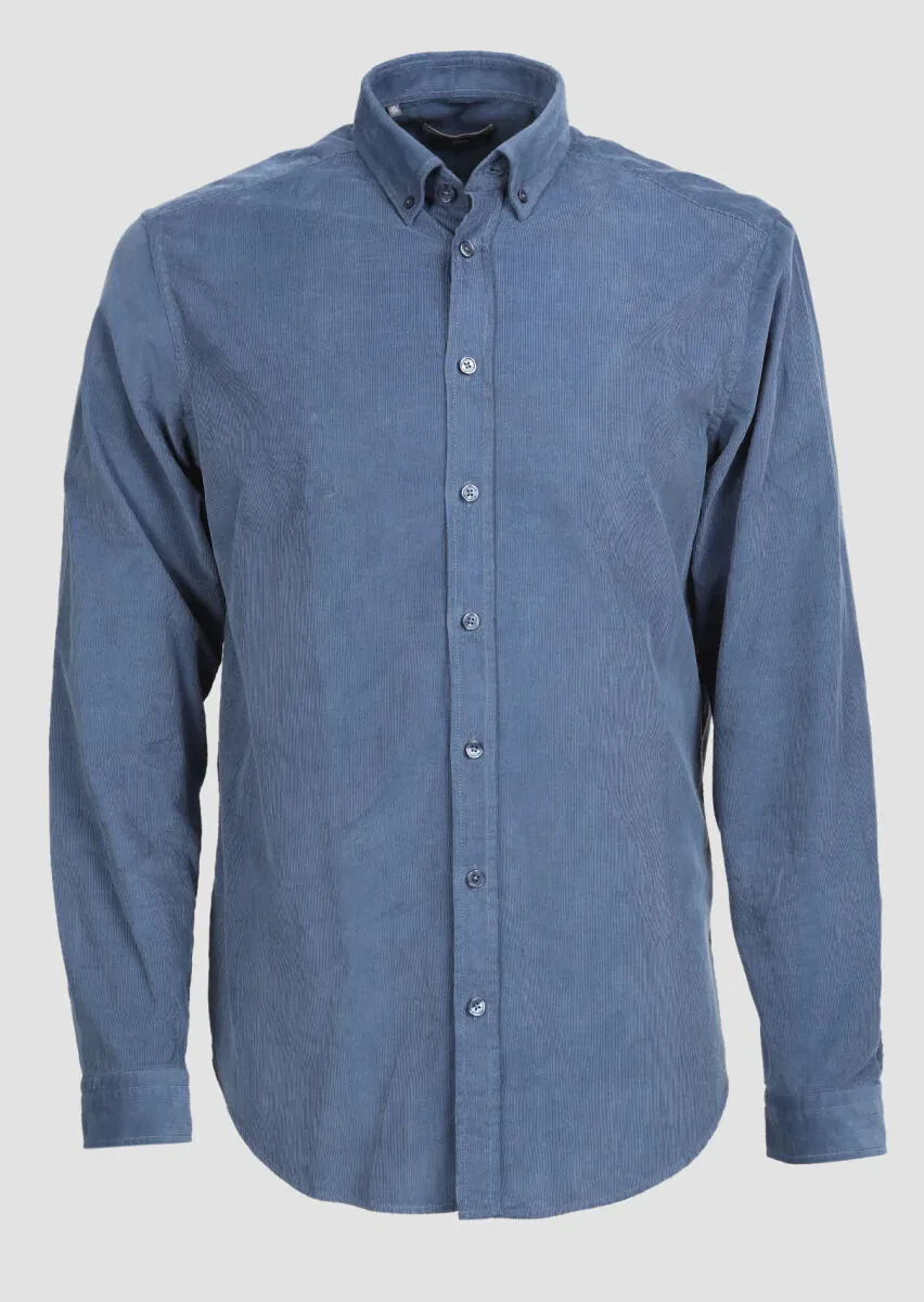 Indigo Ribbed Regular Fit Weaving Casual 100% Cotton Shirt - 6