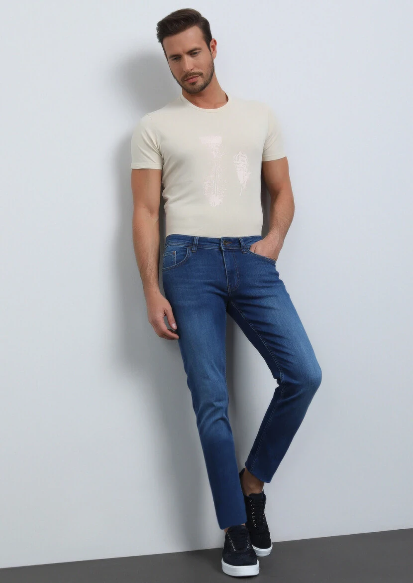 Indigo Slim Fit Denim Cotton Blended Trousers - 1