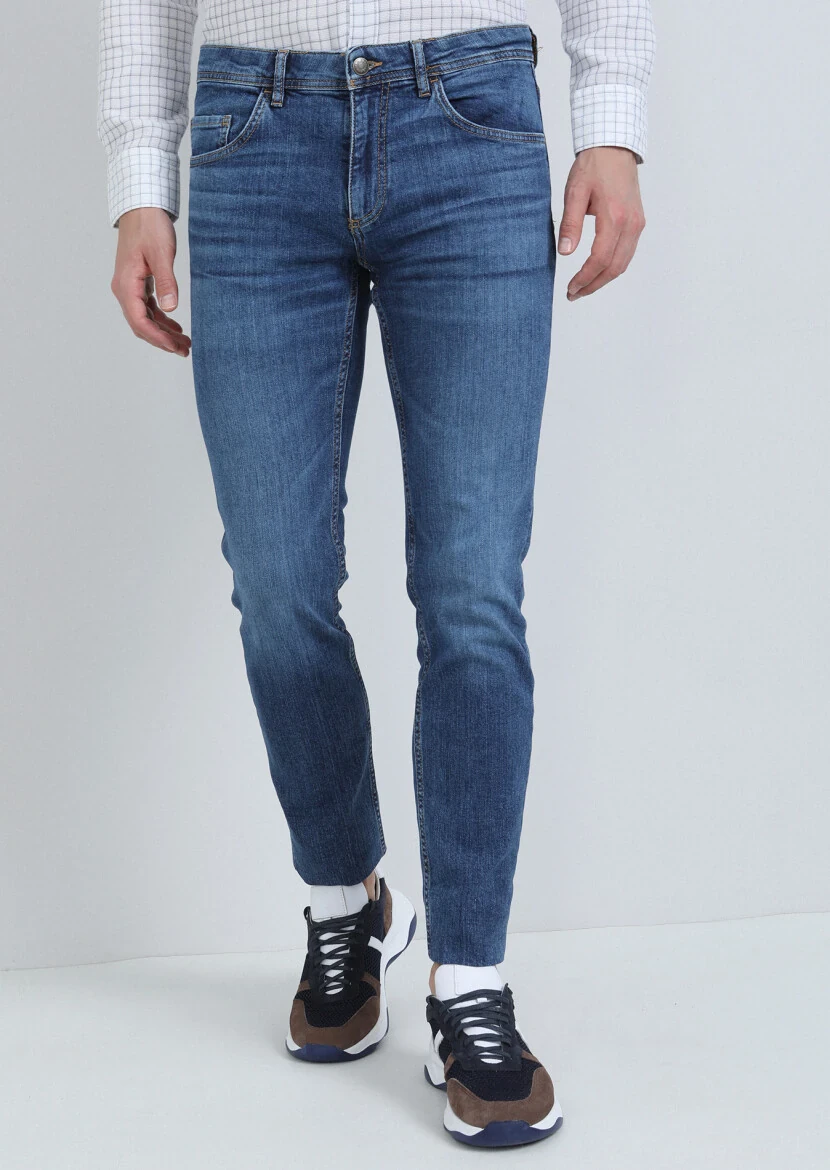 Indigo Slim Fit Denim Cotton Blended Trousers - 3