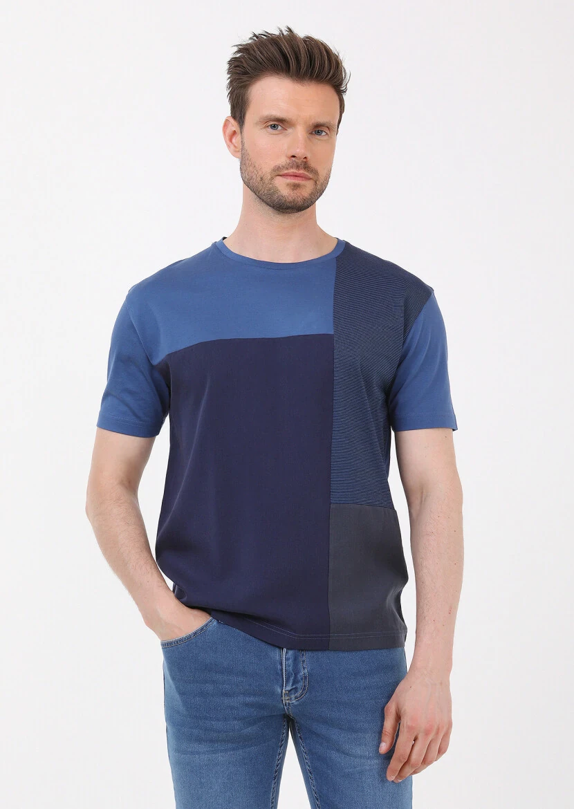Indigo Striped Crew Neck 100% Cotton T-Shirt - 1