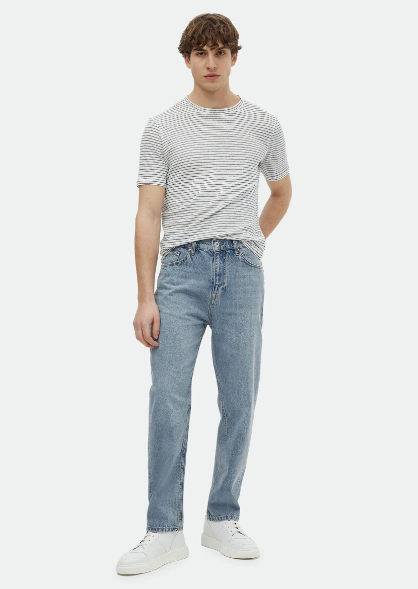 Indigo Striped Crew Neck 100% Linen T-Shirt - RAMSEY