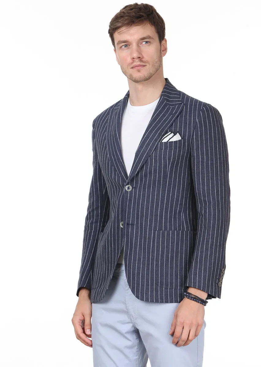 Indigo Striped Shirt Shoulder Slim Fit 100% Linen Jacket - 2