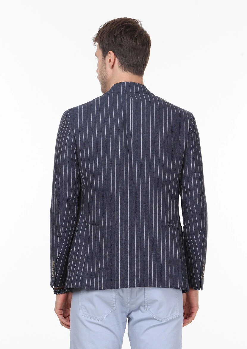 Indigo Striped Shirt Shoulder Slim Fit 100% Linen Jacket - 4