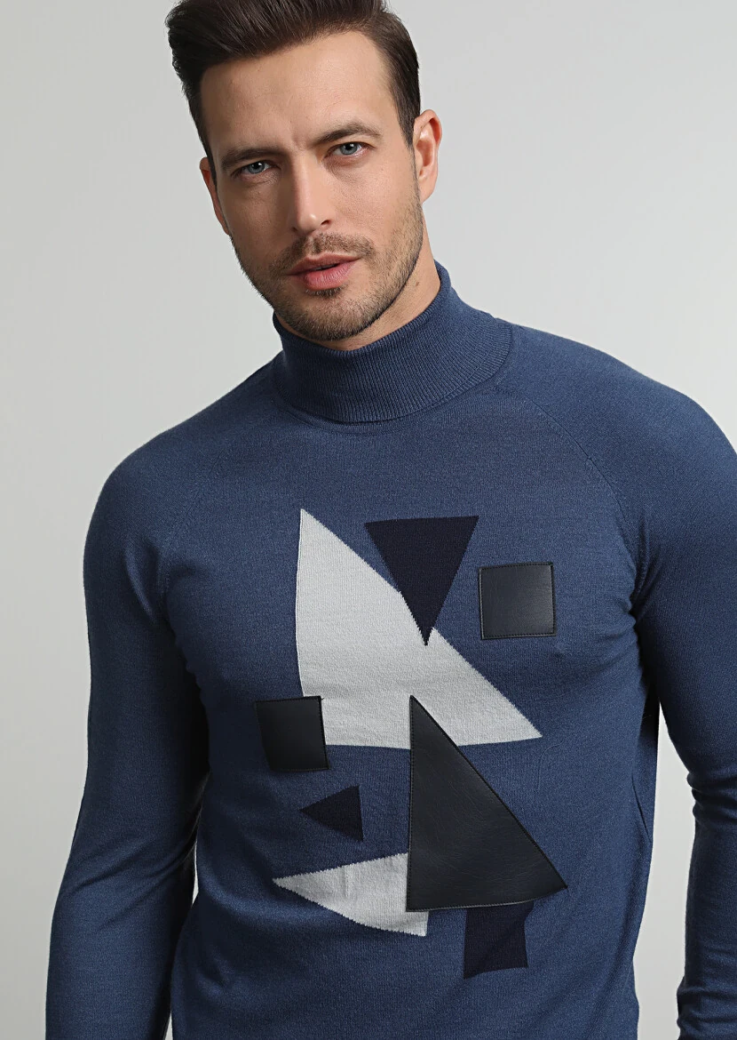 İndigo Tam Balıkçı Yaka Desenli Triko Kazak 