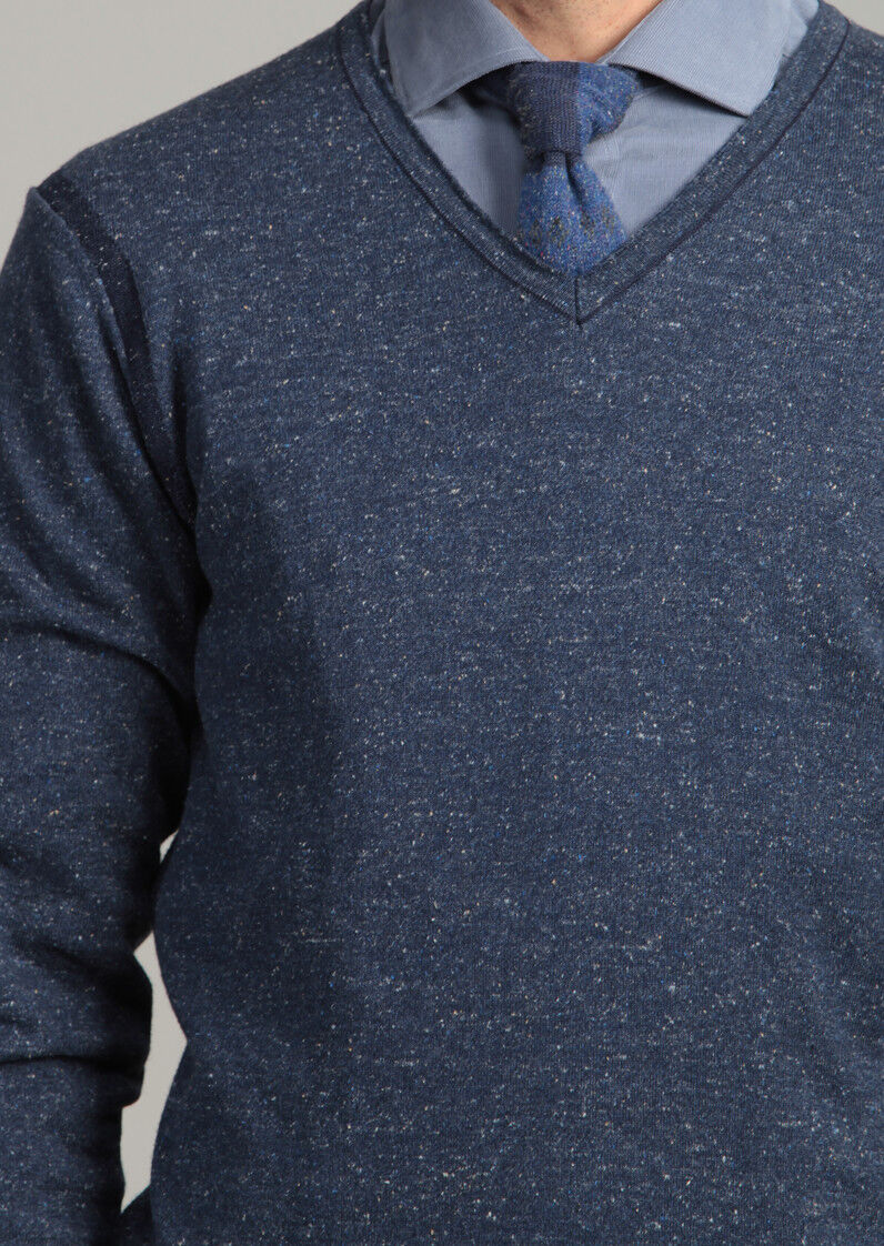 İndigo V Yaka Jakarlı İpek Karışımlı Triko Kazak - 4