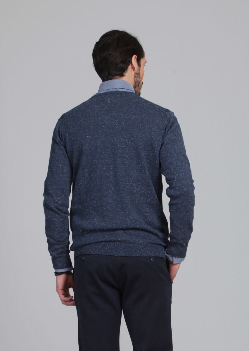 İndigo V Yaka Jakarlı İpek Karışımlı Triko Kazak - 5