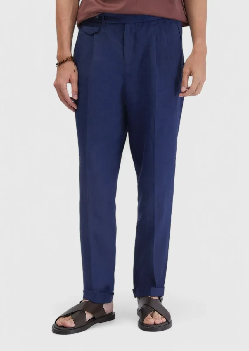 Indigo Weaving Carrot Fit Casual 100% Linen Trousers - 2