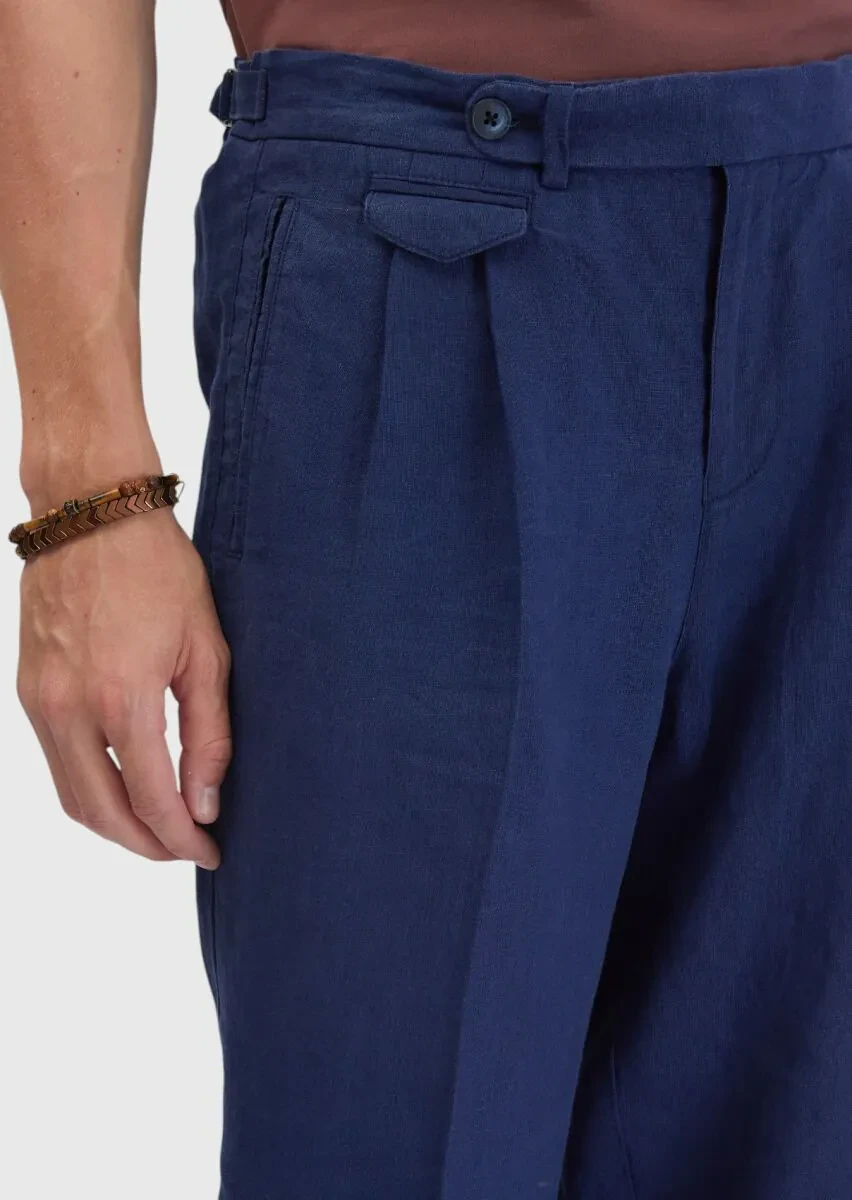 Indigo Weaving Carrot Fit Casual 100% Linen Trousers - 3