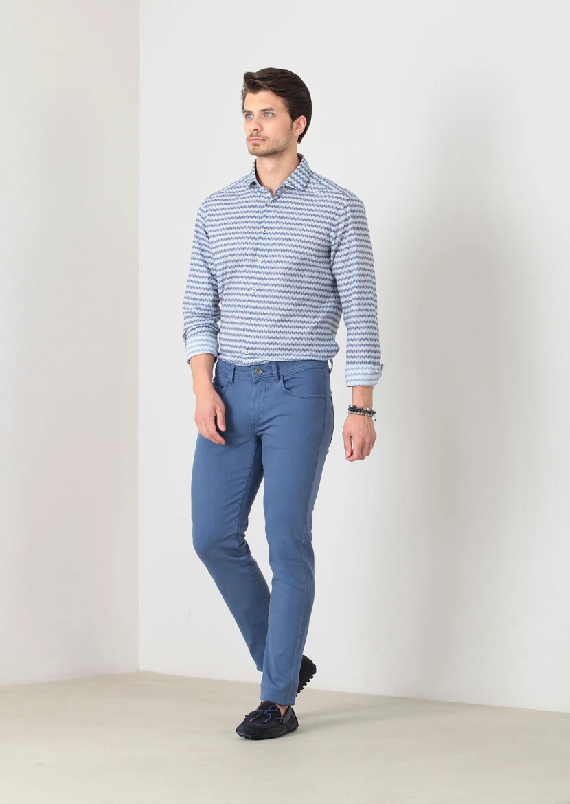 Indigo Weaving Slim Fit Casual Cotton Blended Trousers - 1