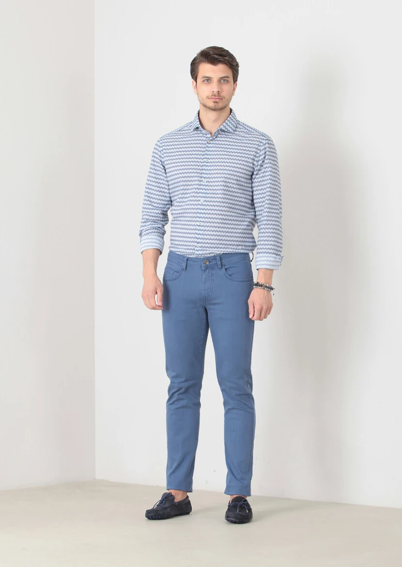 Indigo Weaving Slim Fit Casual Cotton Blended Trousers 
