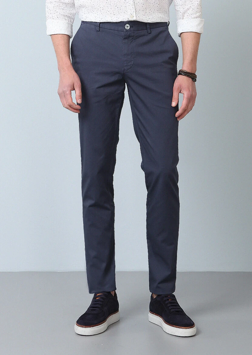 Indigo Weaving Slim Fit Casual Cotton Blended Trousers - 1