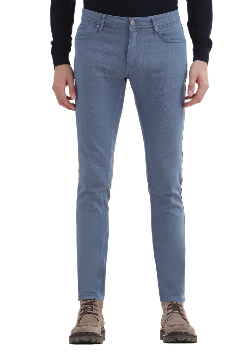Indigo Weaving Slim Fit Casual Cotton Blended Trousers 