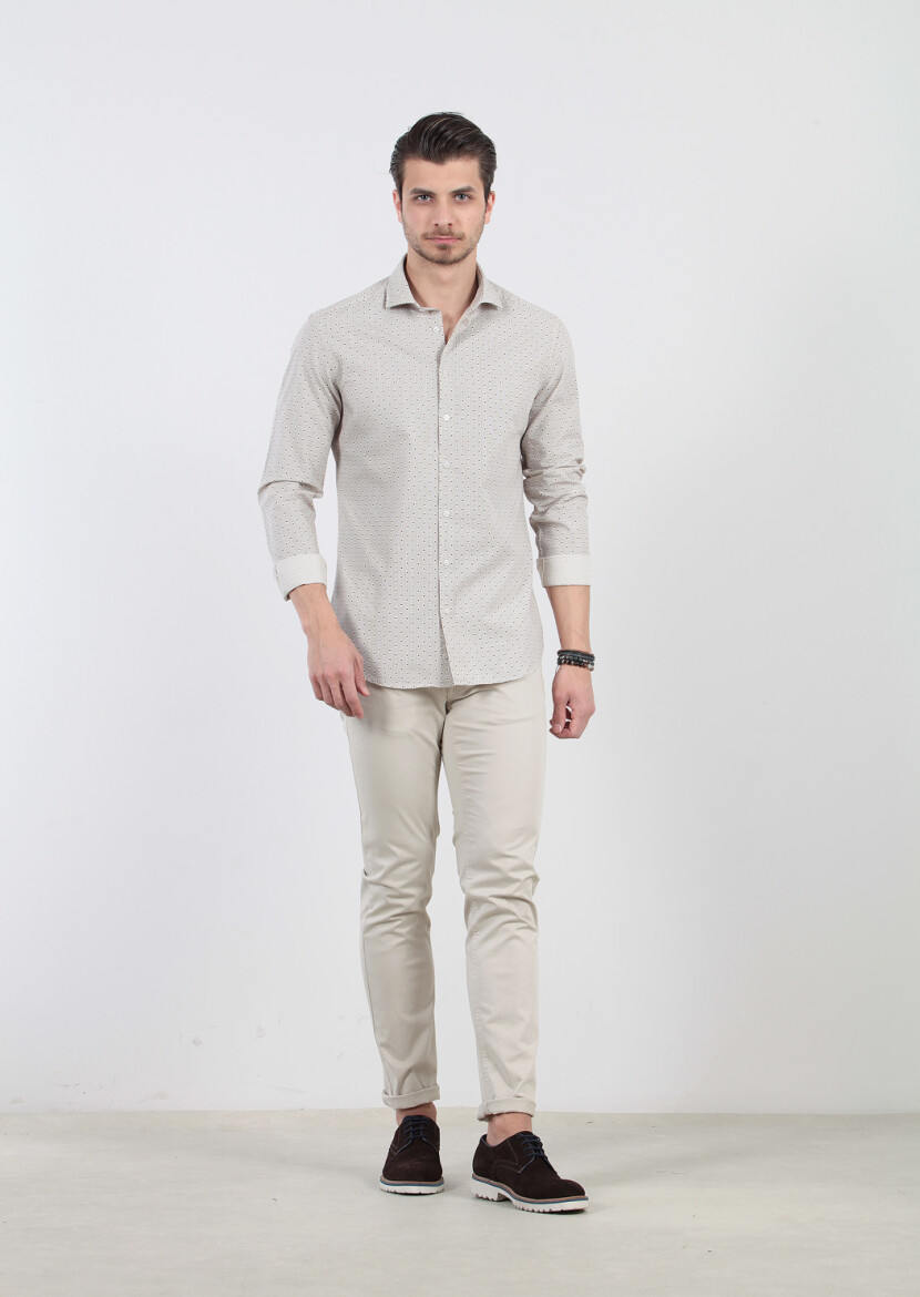 Kahverengi Baskılı Fitted Fit Dokuma Casual %100 Pamuk Gömlek - 1
