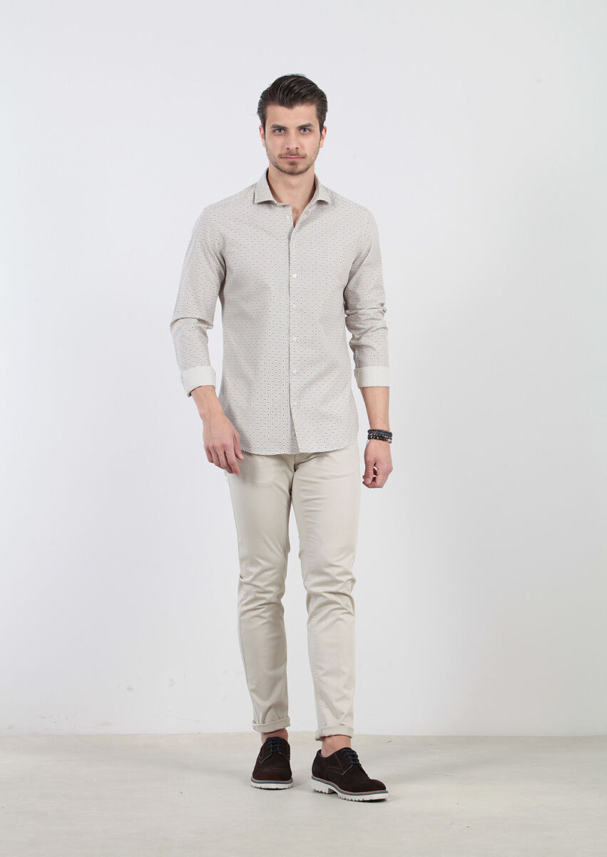 Kahverengi Baskılı Fitted Fit Dokuma Casual %100 Pamuk Gömlek - 1