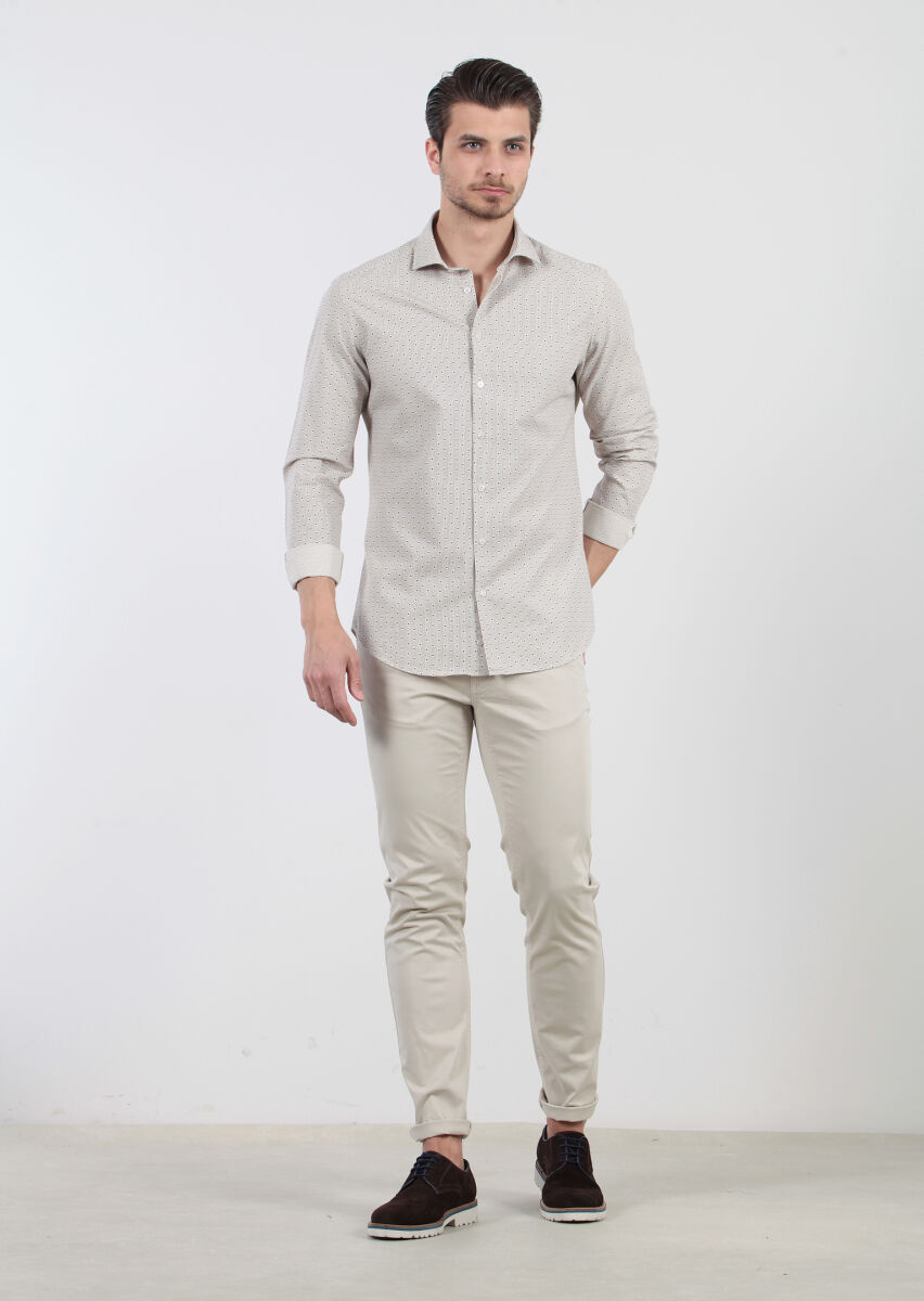 Kahverengi Baskılı Fitted Fit Dokuma Casual %100 Pamuk Gömlek - 2