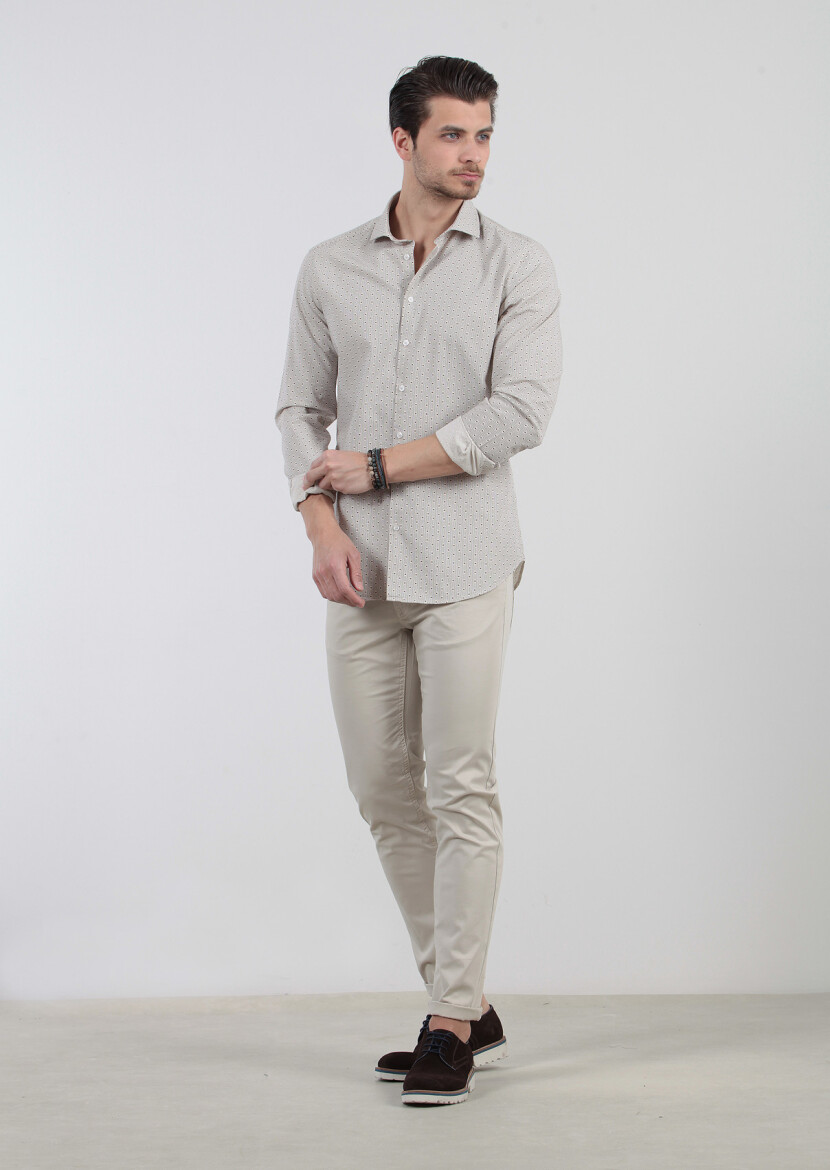 Kahverengi Baskılı Fitted Fit Dokuma Casual %100 Pamuk Gömlek - 3