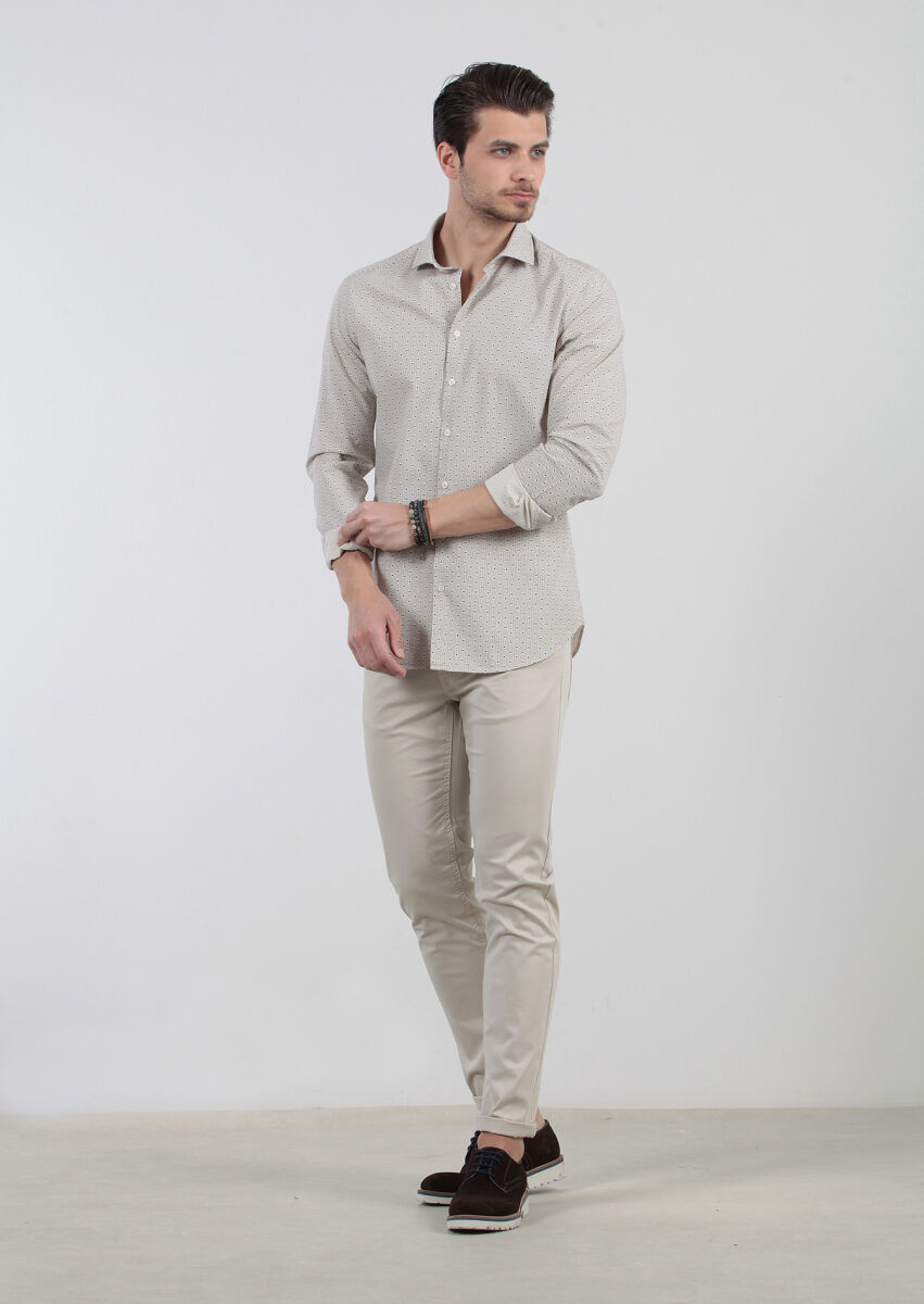 Kahverengi Baskılı Fitted Fit Dokuma Casual %100 Pamuk Gömlek - 3