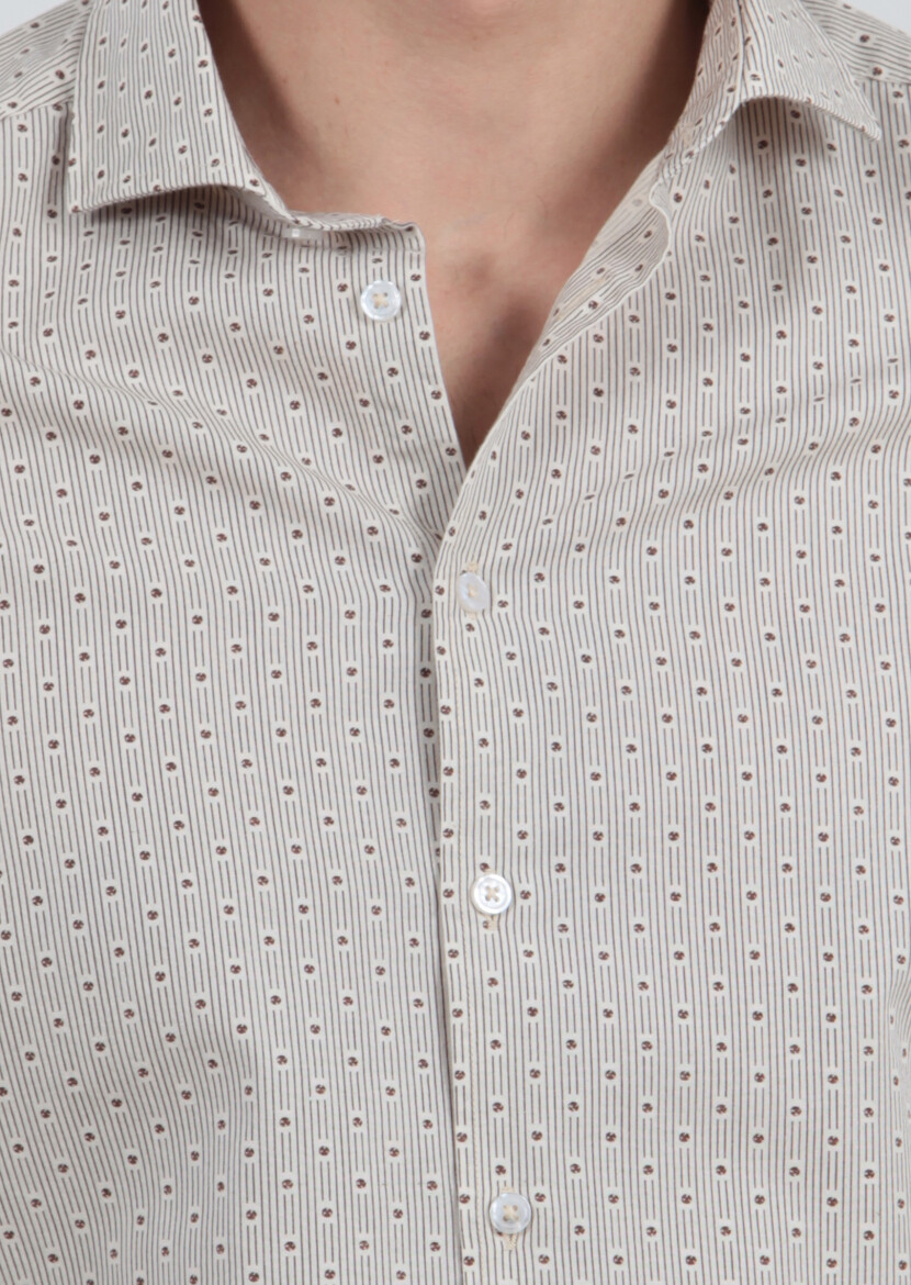Kahverengi Baskılı Fitted Fit Dokuma Casual %100 Pamuk Gömlek - 4