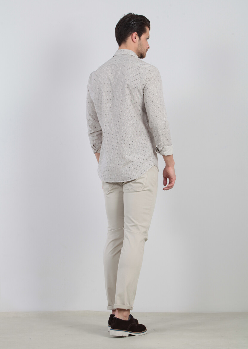 Kahverengi Baskılı Fitted Fit Dokuma Casual %100 Pamuk Gömlek - 5
