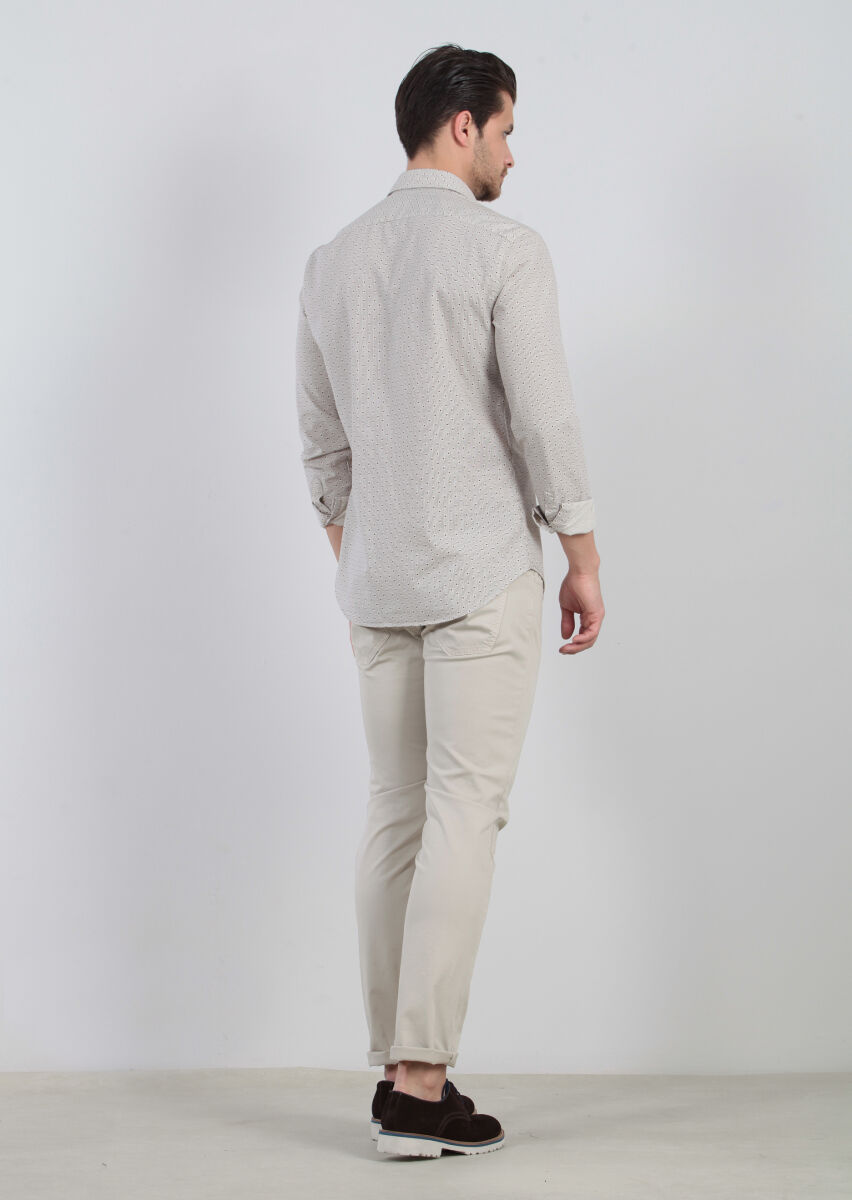 Kahverengi Baskılı Fitted Fit Dokuma Casual %100 Pamuk Gömlek - 5