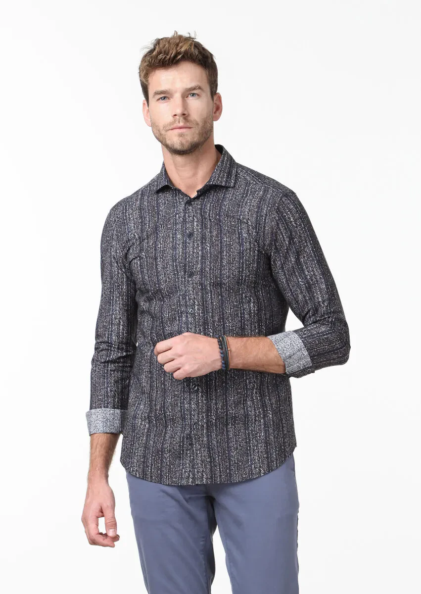 Kahverengi Baskılı Fitted Fit Dokuma Casual %100 Pamuk Gömlek - 1