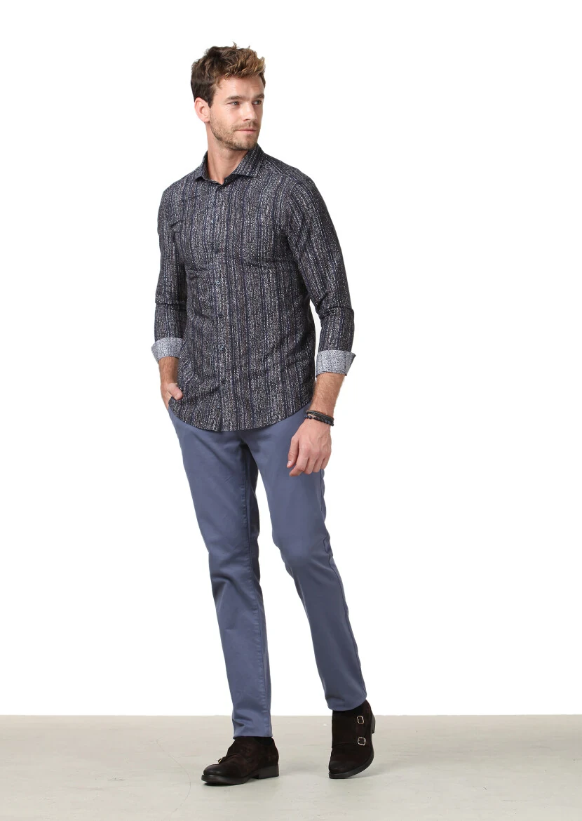 Kahverengi Baskılı Fitted Fit Dokuma Casual %100 Pamuk Gömlek - 2