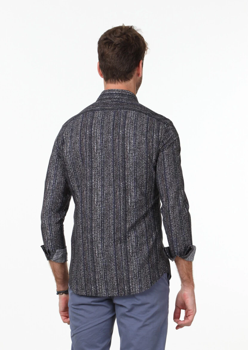 Kahverengi Baskılı Fitted Fit Dokuma Casual %100 Pamuk Gömlek - 5