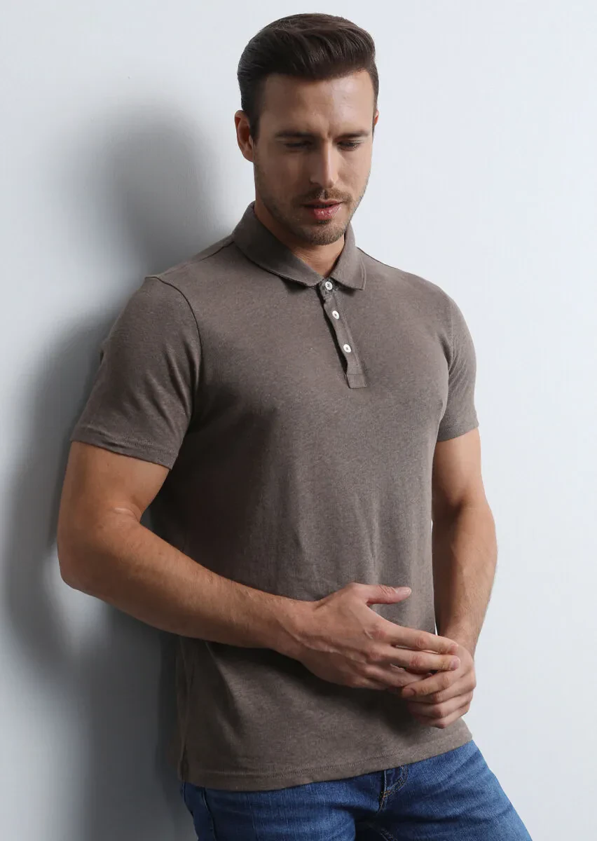 Kahverengi Baskılı Polo Yaka Pamuk Karışımlı T-Shirt - 2