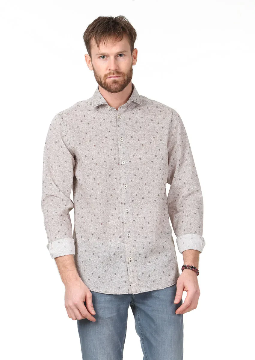 Kahverengi Baskılı Regular Fit Dokuma Casual %100 Pamuk Gömlek - 1