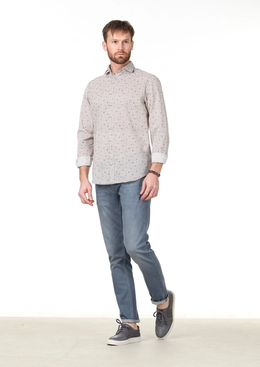 Kahverengi Baskılı Regular Fit Dokuma Casual %100 Pamuk Gömlek 