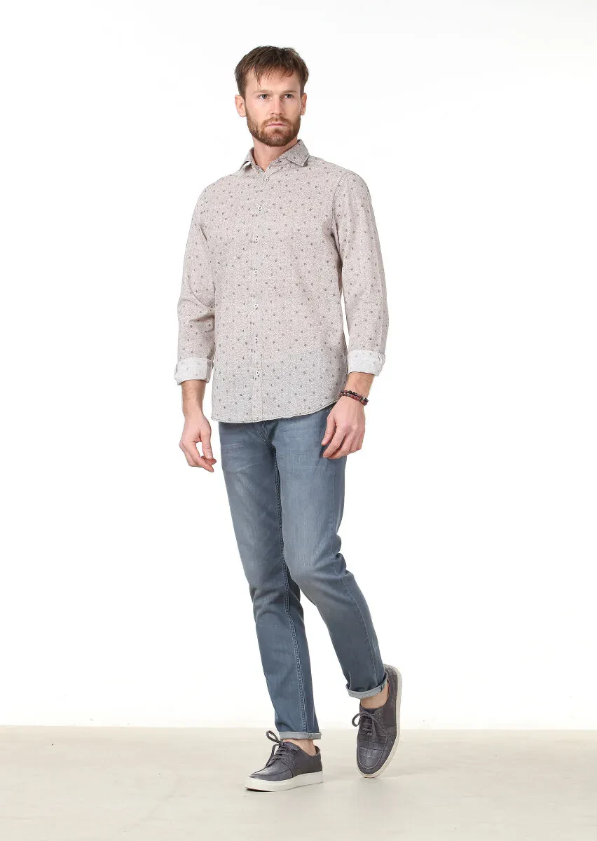 Kahverengi Baskılı Regular Fit Dokuma Casual %100 Pamuk Gömlek - 2