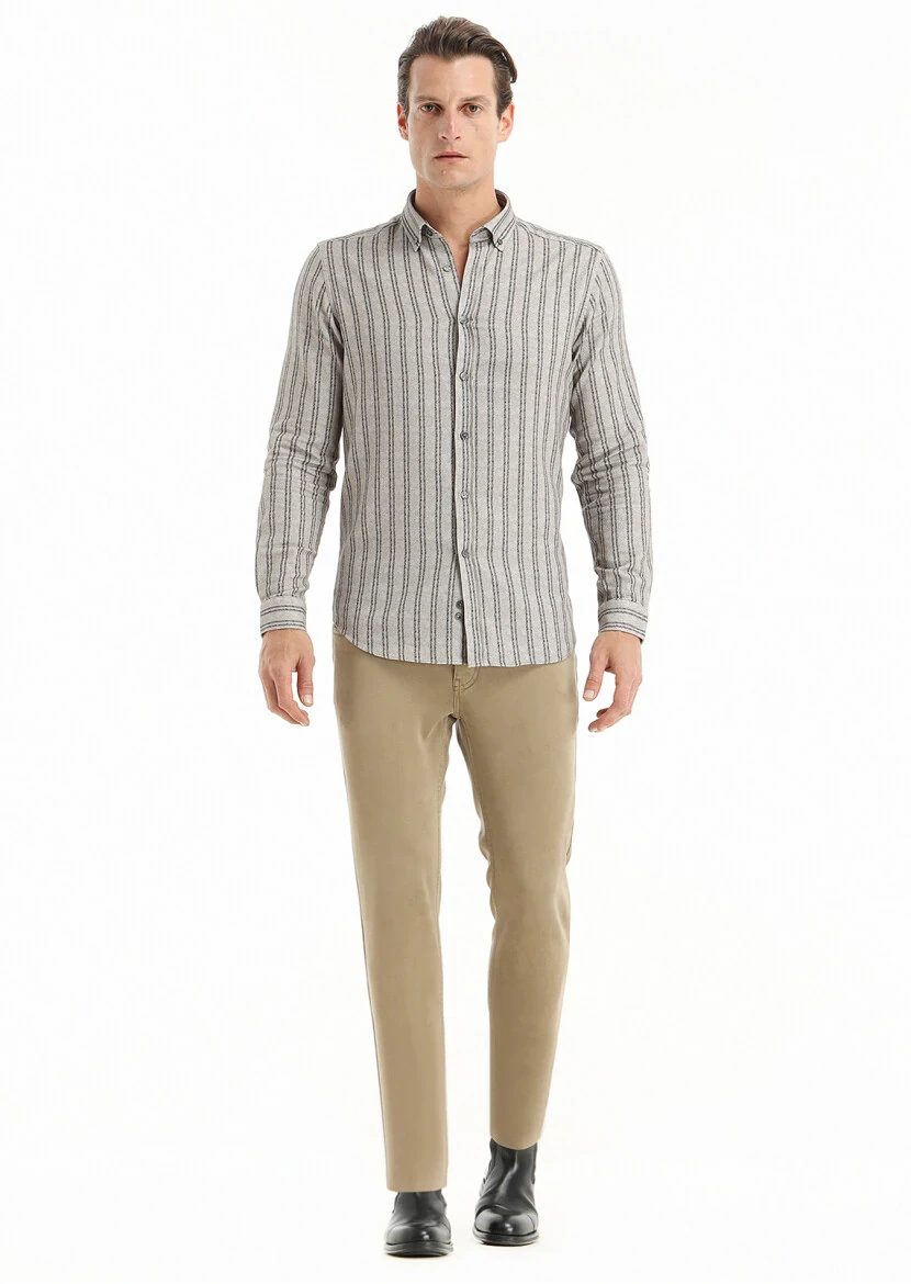 Kahverengi Baskılı Regular Fit Dokuma Casual %100 Pamuk Gömlek - 1