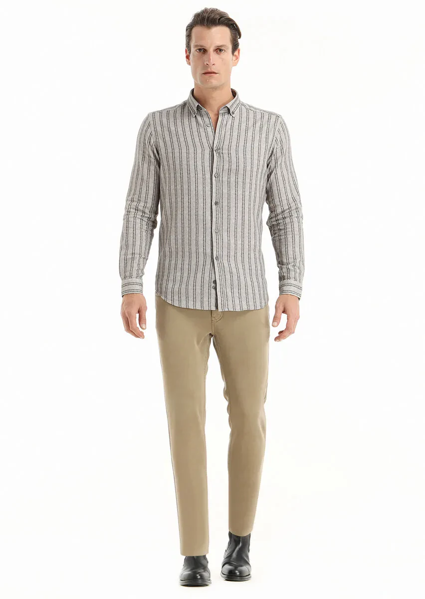 Kahverengi Baskılı Regular Fit Dokuma Casual %100 Pamuk Gömlek - 1