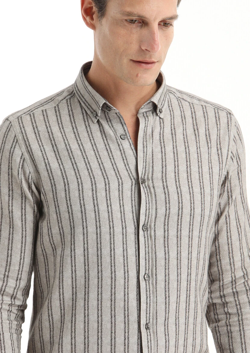 Kahverengi Baskılı Regular Fit Dokuma Casual %100 Pamuk Gömlek - 3