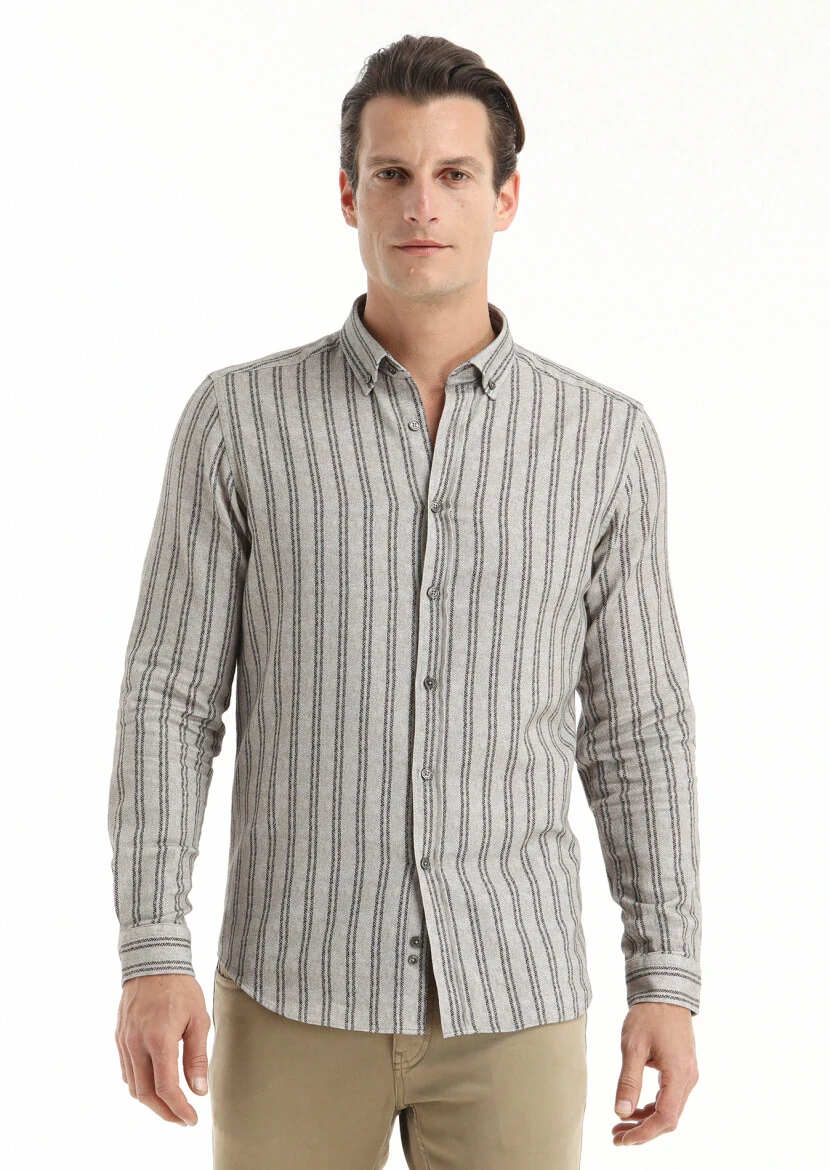 Kahverengi Baskılı Regular Fit Dokuma Casual %100 Pamuk Gömlek - 4