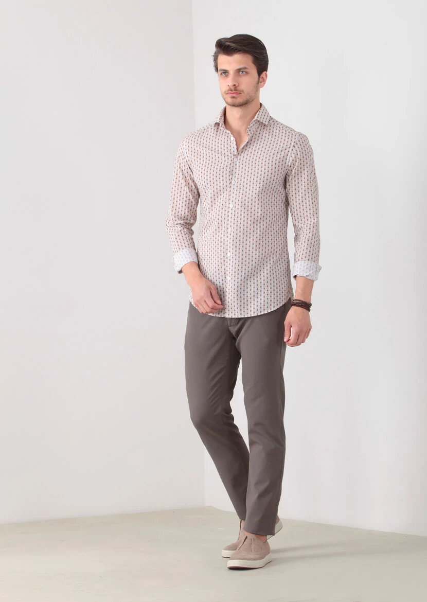 Kahverengi Baskılı Slim Fit Dokuma Casual %100 Pamuk Gömlek - 3