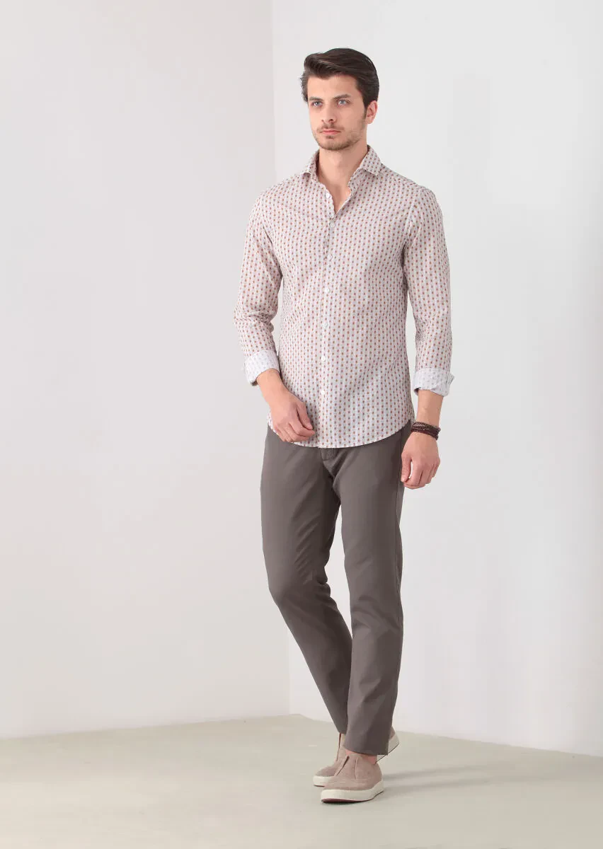 Kahverengi Baskılı Slim Fit Dokuma Casual %100 Pamuk Gömlek - 3