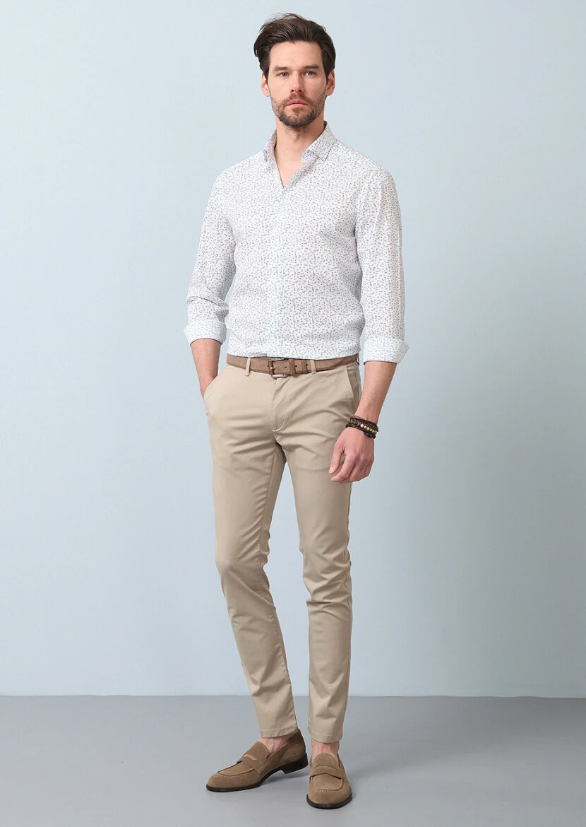 Kahverengi Baskılı Slim Fit Dokuma Casual %100 Pamuk Gömlek - 4