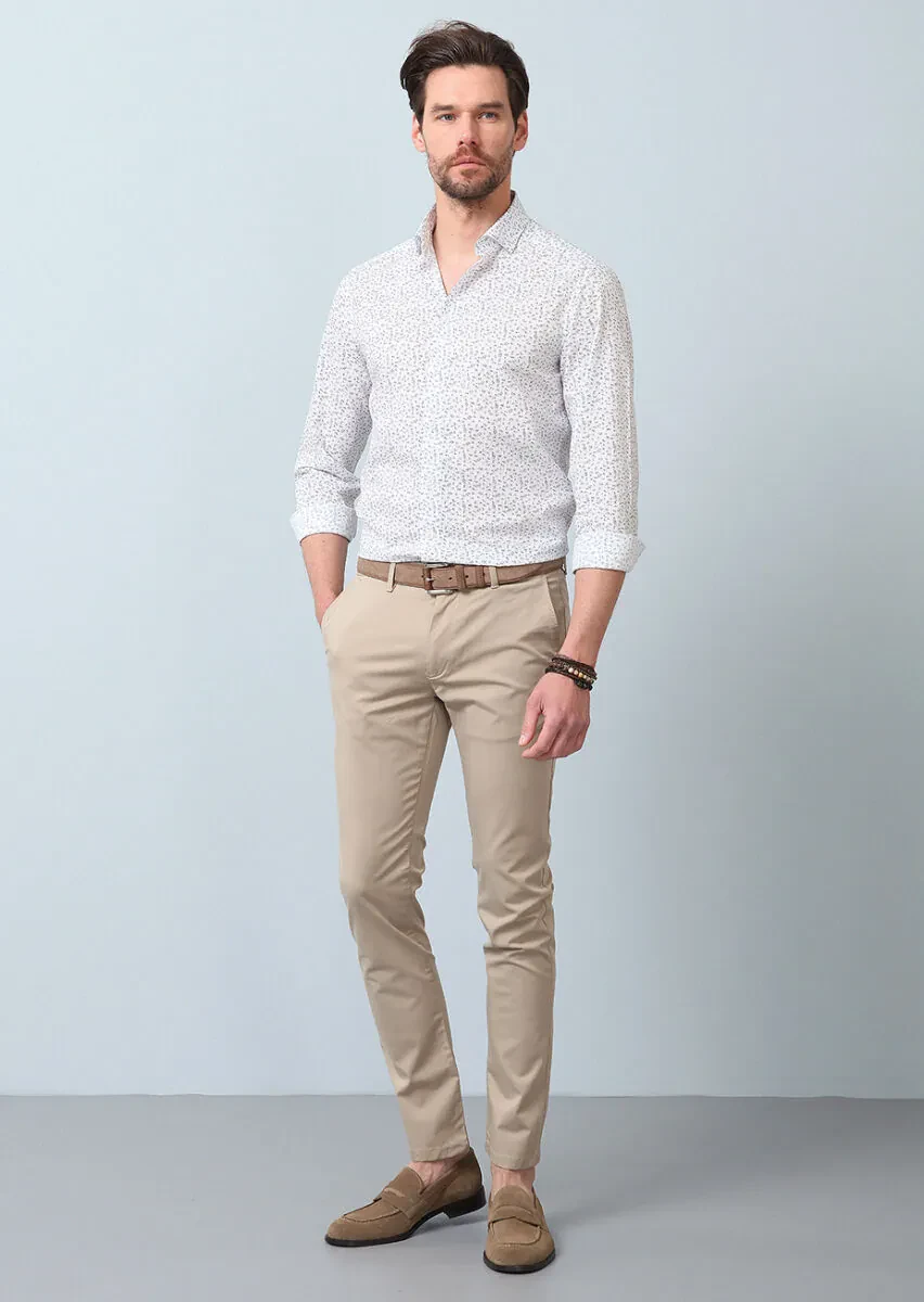 Kahverengi Baskılı Slim Fit Dokuma Casual %100 Pamuk Gömlek - 4