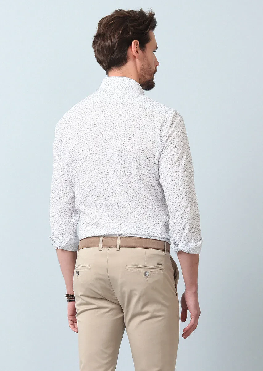 Kahverengi Baskılı Slim Fit Dokuma Casual %100 Pamuk Gömlek - 6