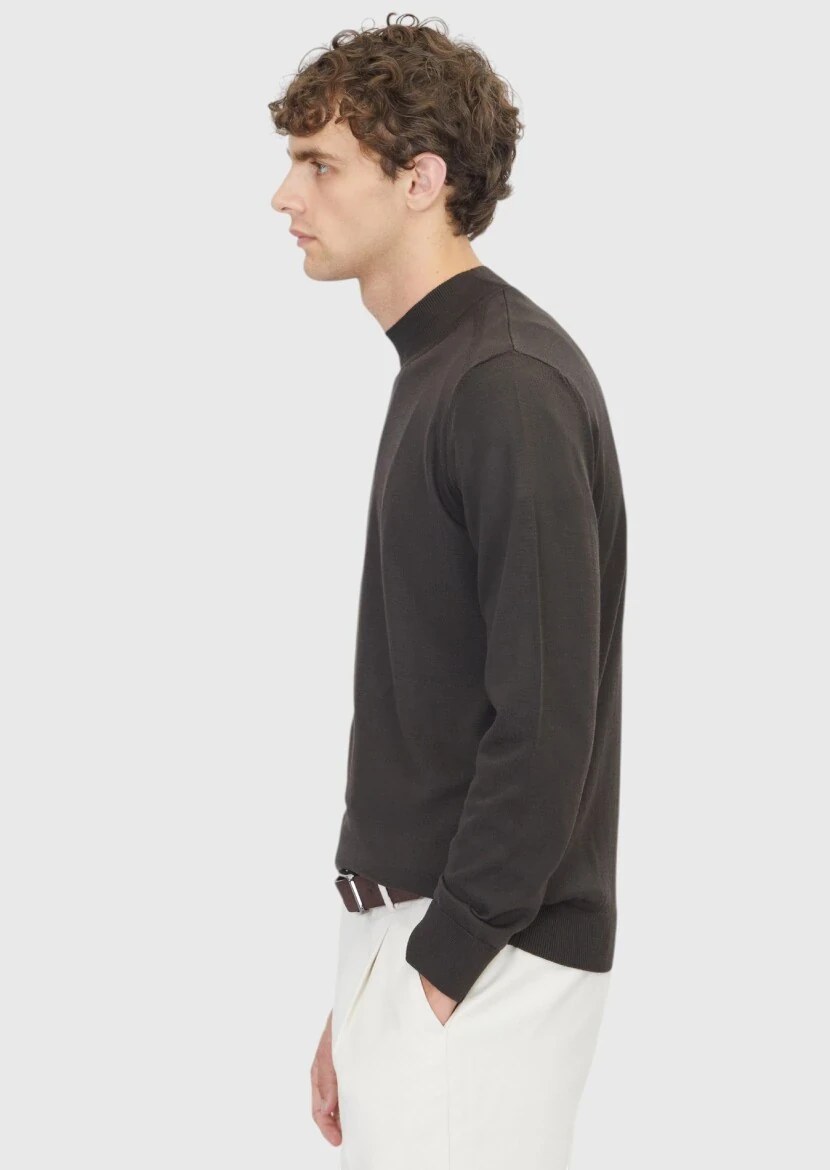 Kahverengi Bato Yaka Düz Örgü Yün Karışımlı Triko Kazak - 3