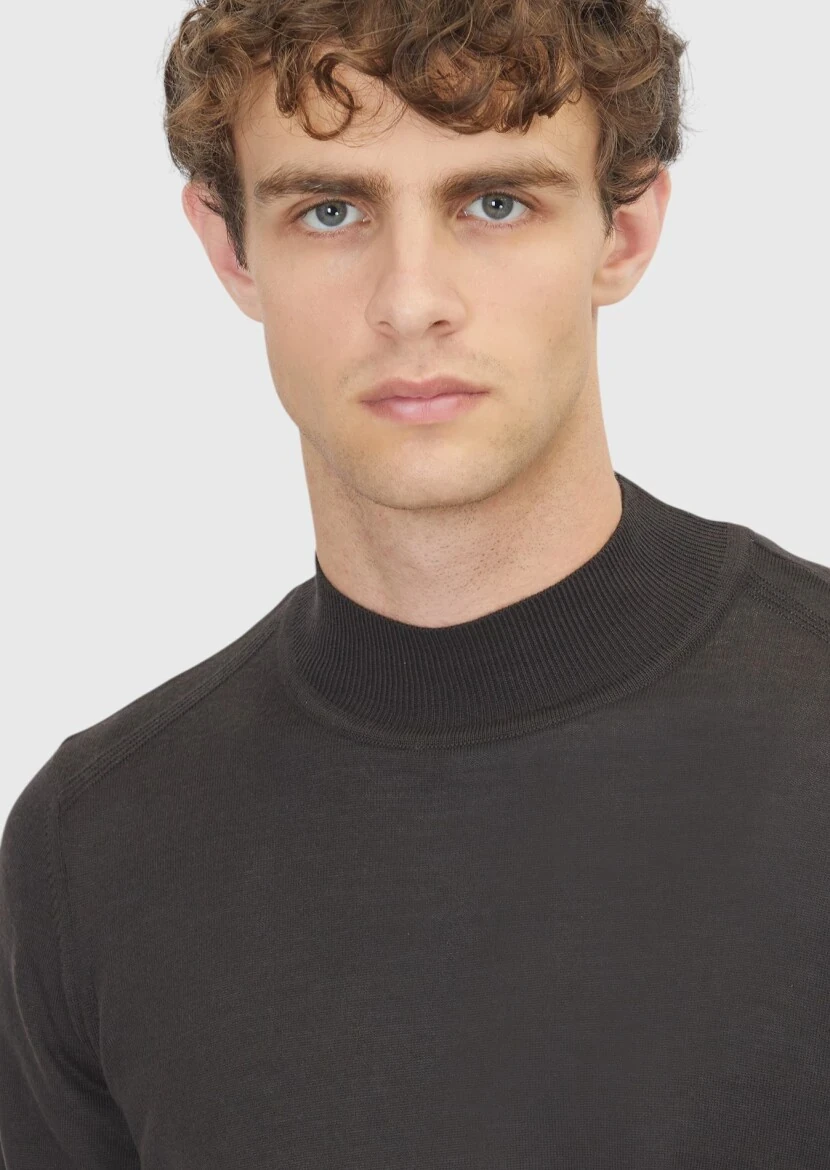 Kahverengi Bato Yaka Düz Örgü Yün Karışımlı Triko Kazak - 4